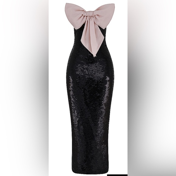 HOUSE OF CB - BLACK SEQUIN STRAPLESS BOW DRESS - Picture 3 of 15